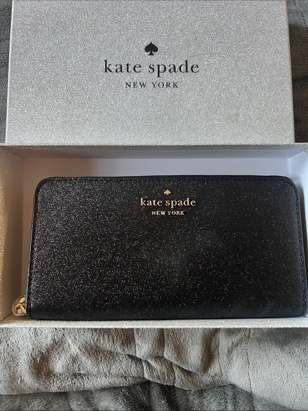 Kate Spade Black Shimmy Glitter Large Zip-Around Continental Wallet - BNIB